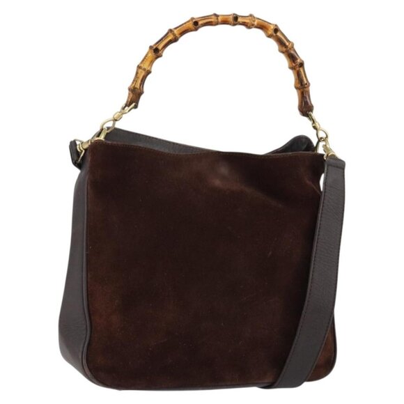 GUCCI Bamboo Shoulder Bag Suede 2way Dark Brown Gold Auth - Picture 1 of 16